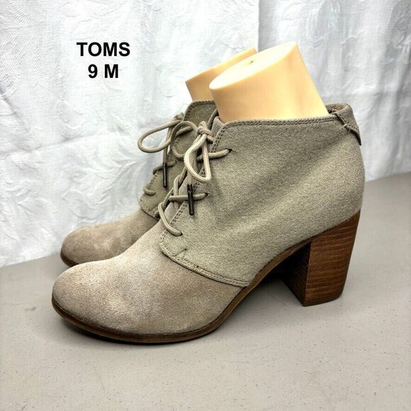 TOMS Evelyn Tan Suede Fabric Lace Up Heeled Ankle Bootie Womens‎ Size 9 M - Picture 1 of 10